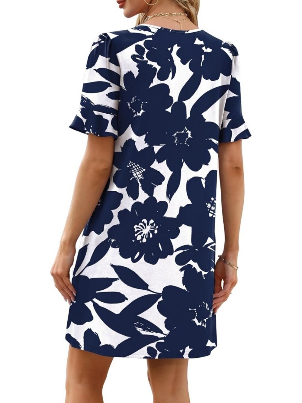 Women's Pattern Floral White Ruffle Short Sleeve V Neck Casual Shift Mini Dress - Picture 5 of 5